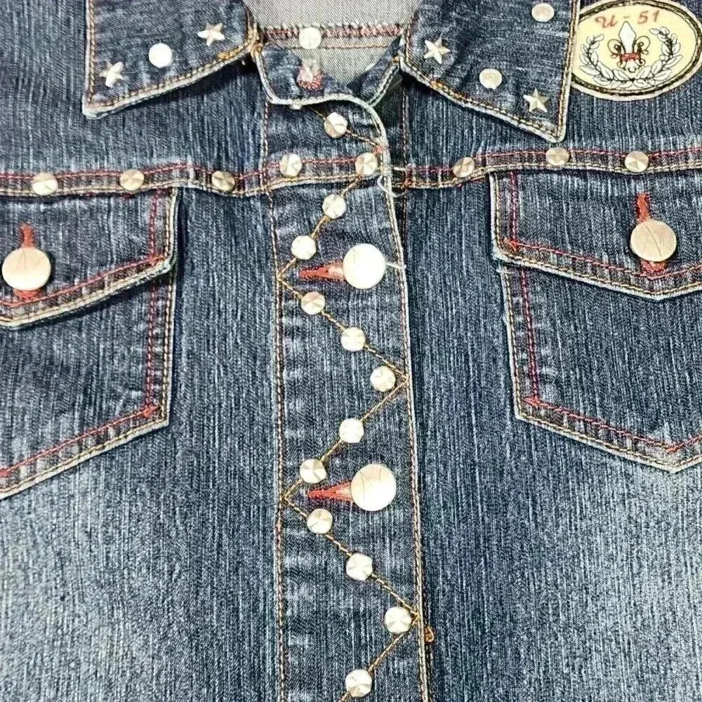 NEESO London Women's Jean Jacket L Metal Studs Patches Red New York Retro Y2K - Picture 8 of 16